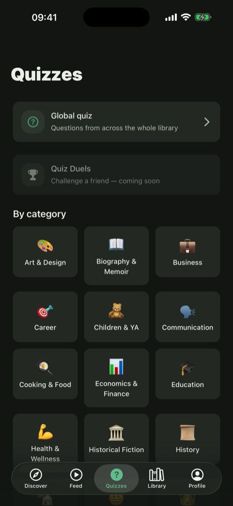 Quizzes tab showing the global quiz and a grid of book categories to test yourself on