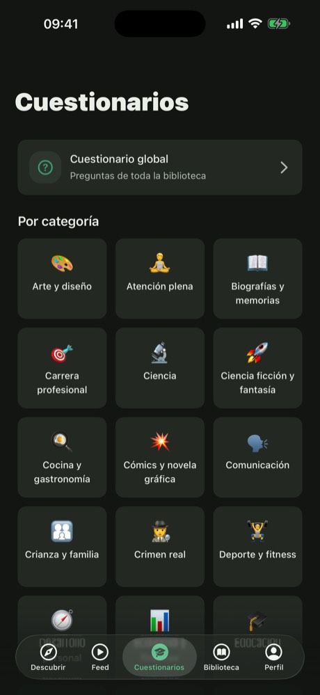 Pestaña Cuestionarios con el cuestionario global y la cuadrícula de categorías de libros
