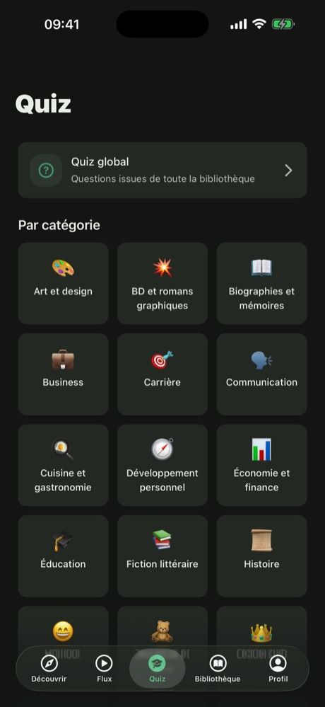 Onglet Quiz montrant le quiz général et la grille des catégories de livres à tester