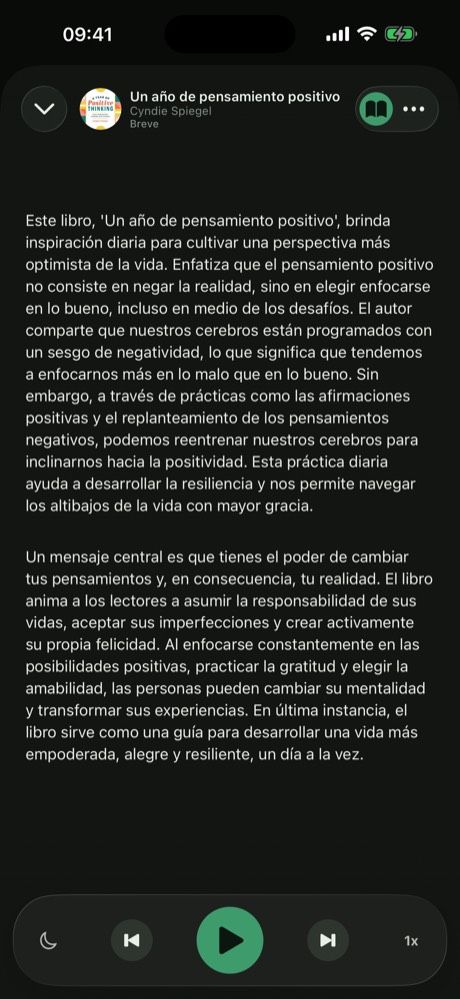 Modo lectura: el texto completo de una sección, con la barra de reproducción abajo