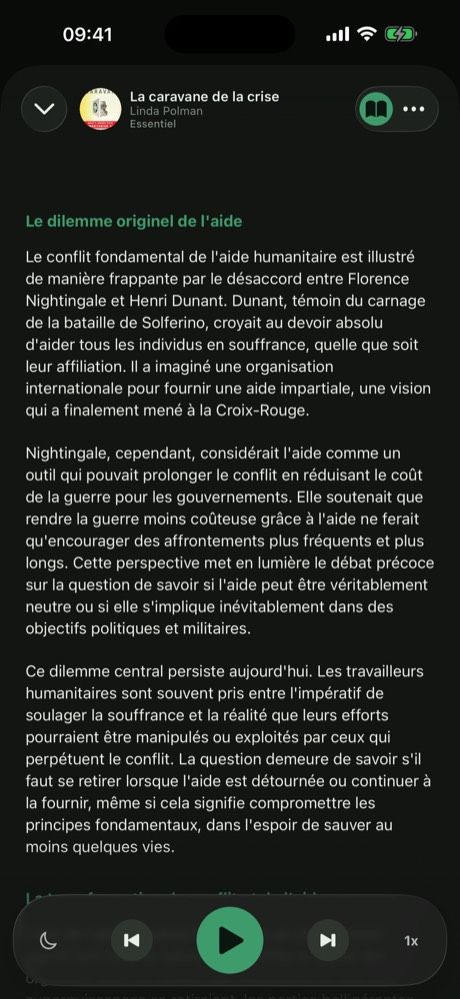 Mode lecture : le texte intégral d’une section, avec la barre de lecture en bas